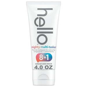 lot 27777 image: hello 8 in 1 Mighty Multi-Tasker Fluoride Toothpaste  Natural Mint Blend  4.0 Oz Tube - Retail $6