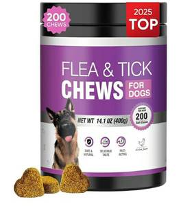 lot 27786 image: Dog Flea and Tick Treatment Chewable 200 Treatment Chews Natural Soft Chew Fleas Ticks Treatment Dog Oral Chewables Support Supplement Breeds and Ages Dogs Chicken Flavor. SEAL BROKEN. - Retail $24