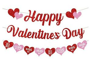 lot 27789 image: Valentine��s Day Decor, Happy Valentines Banner with Glitter Red Pink Hearts for Home Mantel,Photo Backdrop,Anniversary Party Decorations. - Retail $9