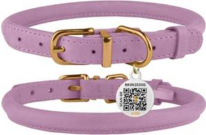 lot 27816 image: Rolled Leather Dog Collar �� Soft Waxed Leather Round Design Prevents Tangling & Matting with QR ID Tag for Small, Medium & Large Dogs (7 - 10 Neck Size, Lavender) - Retail $10
