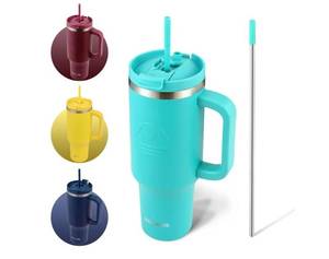 lot 27822 image: 40 Oz Tumbler with Handle and Straw Insulated Cup that Fits in Cup Holder for Hot & Cold Drinks Leak Proof Tumbler with Straw Stainless Steel Travel Mug for Men & Women - Teal - Retail $20