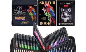 lot 27830 image: PRINA Art Supplies 120 Colors Colored Pencils Set for Adults Coloring Books with Sketchbook (FACTORY SEALED), Professional Vibrant Artists Coloring Pencils for Drawing Sketching Blending Shading, Soft Core Oil Based - Retail $30