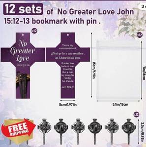 lot 27834 image: 24 Pcs 12 Sets No Greater Love Lent Bookmark Gift Bulk, Include 12 John 15 12-13 Christian Bookmarks 12 Nail Cross Pin for Adult Church Party Favors - Retail $15