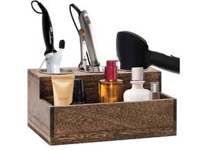 lot 27849 image: Wooden Hair Dryer Holder - Rustic Hair Tools Organizer with 3 Circular Holes and 1 Compartment, Wooden Hair Accessories Organizer for Bathroom Vanity Countertop Storage Hair Dryer, Accessories - Retail $25