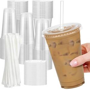 lot 27855 image: 24 oz Clear Plastic Cups with Lids and Straws, Sturdy & Food Safe Iced Coffee Cups with lids, Disposable Plastic Smoothie Cups for Cold Drinks - Retail $37