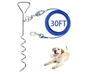 lot 27864 image: Dog Tie Out Cable and Anti Rust Spiral Stake , 30ft Outside Leash&Chain for Camping and Yard, 16 Heavy Duty. - Retail $20