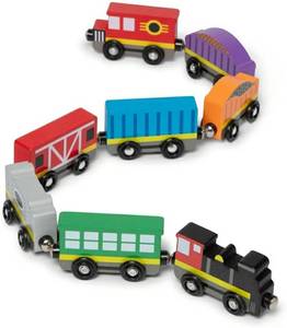 lot 27875 image: Melissa & Doug Wooden Train Cars, 8-Piece Magnetic Train Set with Toy Storage Tray, Steam Engine, Caboose, Coal & Passenger Cars, Montessori-Inspired Pretend Play Toys for Kids Ages 3 - Retail $13