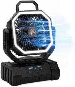 lot 27877 image: 20000mAh Battery Operated Fan, Rechargeable Portable Camping Tent Fan with Auto-Oscillation, Remote & Timer, LED Lantern, Hanging Hook & 4 Speeds for Camping, Fishing, Emergency Power Outages - Retail $31