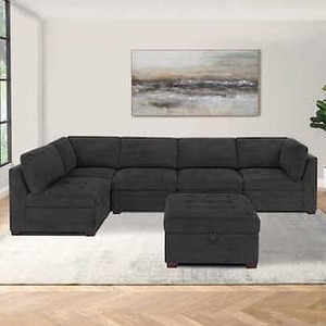 lot 101 image: Modular Sectional Sofa with Ottoman Gray Upholstered Damaged - Retail $2,000