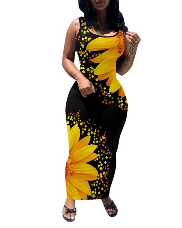 lot 1917 image: PINSV Womens Sexy Bodycon Tank Dress Basic Sleeveless Long Maxi Dresses Party Club Beach Sundresses Sunflower XXL 6605