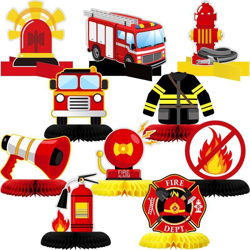 lot 1509 image: Epakh 10 Pcs Firetruck Birthday Party Decorations Fire Truck Honeycomb Centerpieces for Table Fire Truck Firefighter Hat Extinguisher Fireman Party Supplies for Kids Birthday Decor