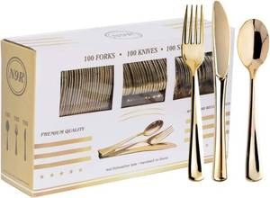 lot 2023 image: N9R 300Pcs Gold Plastic Silverware   Heavy Duty Disposable Cutlery Set (100)