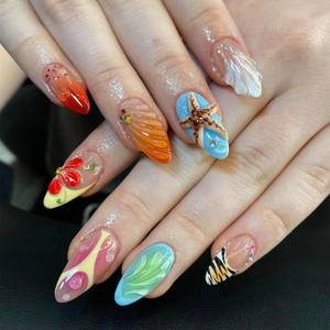 lot 2041 image: 30Pcs Summer Beach Press on Nails Medium Almond Fake Nails 3D Starfish Seashell False Nails Hawaiian Flower Glossy Stick On Nails Full Cover Glue on Nails Ocean French Tip Artificial Nails for Women