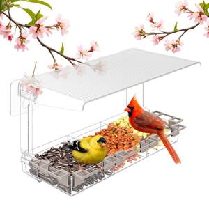 lot 2052 image: Clear Window Bird Feeder Outdoors - Bird Feeder for Viewing with 5 Perching Stands, Wavy roof, Self-Adhesive Hooks, Drain Holes and Removable Tray, as a Birdhouse, Garden Decor