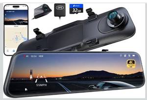 lot 2055 image: Pro 4K Mirror Dash Cam wADAS and BSD, 5.8GHz WiFi 20MBs Download, Rear View Mirror Camera 4K Front and 1080P Rear, Voice Control, GPS, Color Night Vision, 12 Touch Screen,32G Memory Card