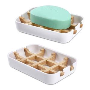 lot 2059 image: Fufengz Bamboo Wooden Soap Dishes for Bathroom Bar Soap Holder Shower Soap Holder Sink Deck Bathtub Shower Tray (Two Pieces White)