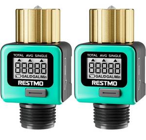 lot 2060 image: 2 Pack RESTMO Heavy Duty Water Flow Meter, Pure Brass Inlet  Metal Thread  4 Measure Modes  Display GallonLiter Usage and Flow Rate  Ideal to Track Outdoor Garden Hose Watering