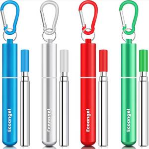 lot 2069 image: Ecoangel Cruise Ship Essentials,4-Pack reusable Collapsible Stainless Steel Drinking Straws with Aluminum Case,Cleaning Brush,and Keychains-Silver,Blue,Red,Green
