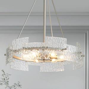 lot 2070 image: Majhoiw Glass Drum Chandeliers for Dining Room Modern 6-Light Silver Farmhouse Pendant Lighting Fixtures Height Adjustable Round Chandelier for Kitchen Island Living Room Entryway,19.7
