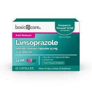 lot 2076 image: Basic Care Lansoprazole Delayed Release Capsules  15 mg  Treats Frequent Heartburn  42 Count Capsule 2 Pack