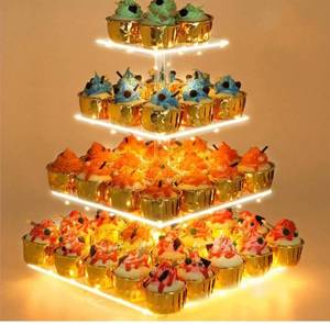 lot 2091 image: YestBuy Cupcake Stand with Yellow Led Lights, 4 Tier Cupcake Stand for 50 Cupcakes, Acrylic Cupcake Tower Stand, Clear Tiered Cupcake Holder for Birthday Cady Bar D�cor Weddings, Parties Events
