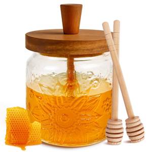 lot 9911 image: Loscarol Honey Jar with Dipper and Lid - Bohemian Vintage Glass Honey Pot with Wooden Honey Dippers Stick Set, Wide Mouth Honey Containers - Airtight Storage Syrup Dispenser Cute Decorative Jars