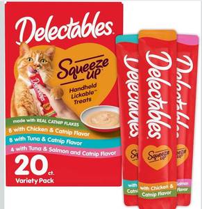 lot 9943 image: Delectables Squeeze Up Catnip Variety Pack, Creamy Squeezable Puree, Lickable Wet Cat Treats, Grain Free, No Added Fillers, No by-Products, No Added Preservatives, 0.5 Ounces Tube, 20 Tubes Total