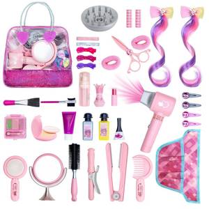 lot 9949 image: Hair Salon Toys for Girls, Dress Up Beauty Hair Stylist Toy Kit with Barber Apron, Hair Dryer, Curling Iron, Mirror, Scissors and Styling Accessories