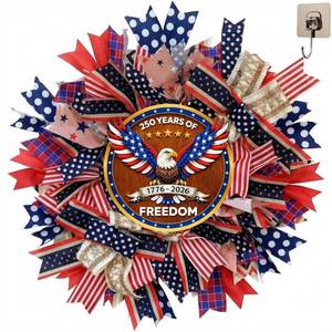 lot 9957 image: Upgraded 250th Anniversary Patriotic Wreath - 18 Inch Front Door Decor with Wooden Eagle Pattern & Red White Blue Ribbon (Glued on Fabric Base), Handcrafted for 4th of July Independence Day