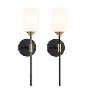 lot 9964 image: BYOLIIMA Industrial Mid Century Wall Sconce Set of 2 with White Cylinder Glass Shades Modern Bathroom Vanity Wall Lamp Black and Gold Finished Wall Light Fixture
