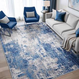 lot 9976 image: RELEANY Washable Area Rugs 5x7 Non-Slip Modern Abstract Soft for Living Room Entryway Bedroom Kitchen, Print Pattern, Blue Grey Navy Gray