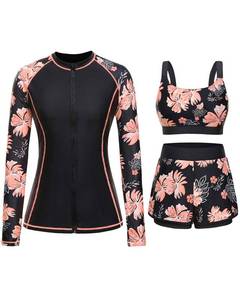 lot 9979 image: Black Floral 3 Piece Rash Guard for Women - Long Sleeve Swimsuits with Shorts SPF Zip up Swim Shirt with Built in Bra L