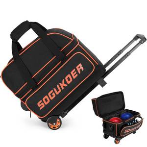 lot 9987 image: SOGUKOER 2 Ball Bowling Bag with Wheels, Lightweight Trolley Double Ball Bowling bags with Large Separate Shoe Compartment and Oversized Accessory Pocket, Retractable Handle Extends To 39.5