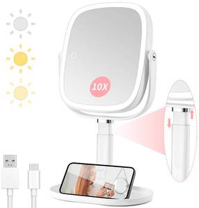 lot 9992 image: Lighted Makeup Mirror with Magnification,1x10x Magnifying Mirror with Light Rechargeable,Height Adjustable Vanity Mirror with 3 Color Lights,Double Sided 360° Rotation,Memory Function