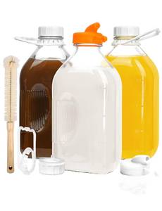 lot 9631 image: KMIGRUAN 64oz Heavy Duty Glass Milk Bottle with Handle and Airtight Reusable Lids,3Pack Glass Milk Container for Refrigerator,Juice Jugs With 2 Exact Scale Lines