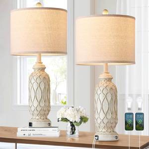 lot 9634 image: SRJJRS 28 Table Lamps for Living Room Set of 2, Farmhouse Lamps for Bedroom with USB Ports, 3-Way Dimmable Nightstand Table Lamp