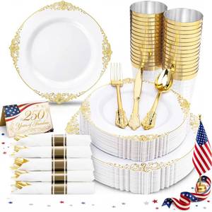 lot 9644 image: Nervure 350PCS Gold Plastic Plates - Gold Plastic Dinnerware Sets for 50 Guests - 100 Disposable Plates, 150 Silverware, 50 Cups, 50 Napkins for Wedding & Party