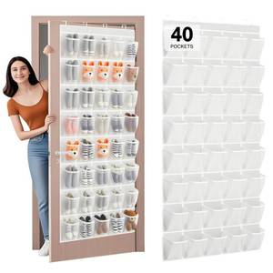 lot 9657 image: Hualleko 40-Pocket Over the Door Shoe Organizer - Large Mesh Pocket Hanging Shoe Rack for Door, Shoes Storage Holder Sturdy Non-woven Fabric - Stores 20 Pairs (White02)