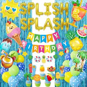 lot 9668 image: Ouddy Life Summer Pool Beach Party Decoration, Splish Splash Birthday Bash Party Decorations Tropical Balloons Banner Cake Topper for Kids Swimming Water Luau Hawaii Party Supplies