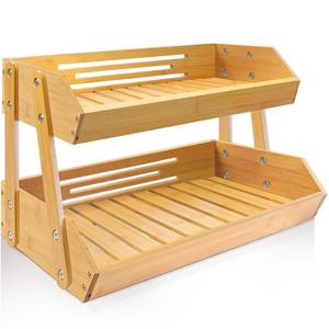 lot 9693 image: Upgraded Length 16.5-Inch Fruit Stand Storage Holder with 4 Sturdier Legs, 2-Tier Fruit Basket , Bamboo Fruit Bowl Holder for Fruit,Vegetables,Bread, Snacks, Home Kitchen Countertop Organizer
