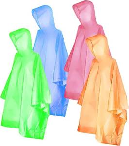 lot 9708 image: FISHOAKY Ponchos for Kids, Disposable Rain Ponchos Multi-Colored Raincoat for Camping Hiking Traveling Backpacking for Boys Girls, 4 Pack