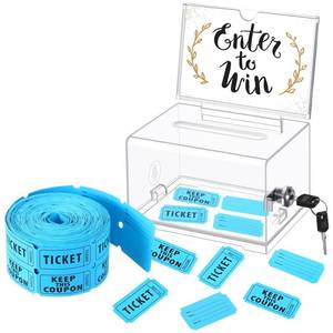lot 9726 image: Havawish Enter to Win Raffle Ticket Box with 500 Raffle Ticket Double Roll and Slot Clear Acrylic Donation Box with Lock 6.3 x 4.7 x 3.9 Ballot Holder with 2 Keys for Game Suggestion(Blue)