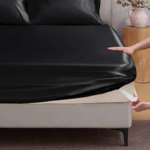 lot 9741 image: BEDELITE Satin Fitted Sheet Queen Size with Elastic Corner Straps, Luxury Soft Silk-Like Bed Sheet for Hair & Skin, 1 Deep Pocket Fitted Sheet Only Fits 15 Mattress, Fade & Wrinkle Resistant, Black