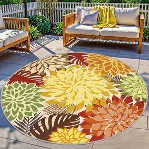lot 9749 image: Colorful 6FT Outdoor Round Area Rug Washable Rugs Multicolored Patio Rug Tropical Botanical Floral Chenille Waterproof Outdoor Carpet for RV, Pool Deck, Backyard, Porch, Orange