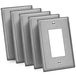 lot 9770 image: BESTTEN 5 Pack Mid-Size Decor Receptacle Metal Wall Plate with Protective Film, Decorator Stainless Steel Midway Outlet Cover, Corrosion Resistant Mid Size Wall Plates, Brushed Finish, Silver