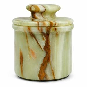 lot 9774 image: Green Onyx Butter Keeper - Round Marble Butter Dish for Countertop, 4 x 3.5 Butter Crock, Natural Green Onyx Kitchen Decor