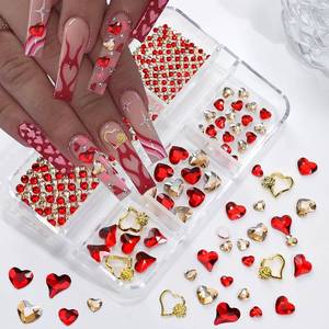 lot 9812 image: 767Pcs Valentines Day Heart Nail Charms for Acrylic Nails - 3D Shiny Alloy Red Love Rhinestones Flatback Round Gems for DIY Manicure Art Designs and Decor