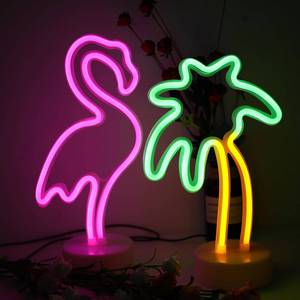 lot 9837 image: 2 Packs Decoration Neon Signs Light Pink Flamingo and Green Palm Tree Neon Wall Decor Lights USBBattery Powered Neon Lights for Bedroom Girls Kids Birthday Party Christmas (Flamingo&Palm Tree)