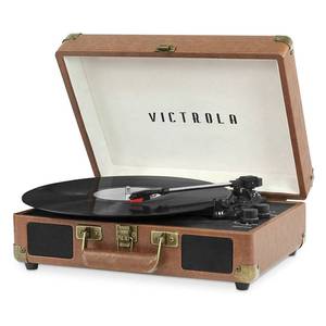 lot 9841 image: Victrola Journey Bluetooth Portable Suitcase Record Player with Built-in Speakers, 3 Speed Vinyl Record Player, RCA Out, Headphone Jack (Brown)
