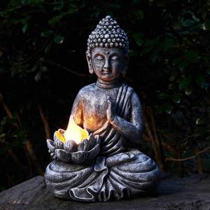 lot 9842 image: Yiosax Solar Buddha Statue - Outdoor Zen Sculpture With Flickering LED Lotus Light - Waterproof Garden Decor Gift - 11.81 Inch